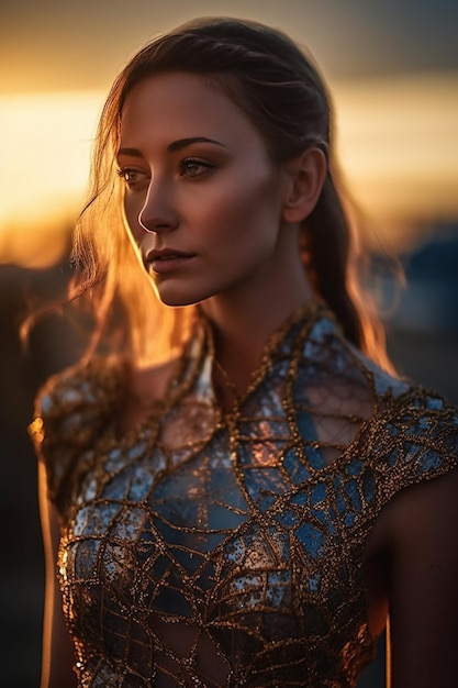 A woman in a blue dress with gold sequins and a gold top