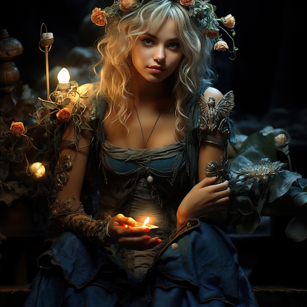 a woman in a blue dress with a lit candle in her hands.