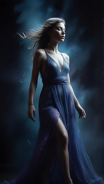 a woman in a blue dress with a long skirt