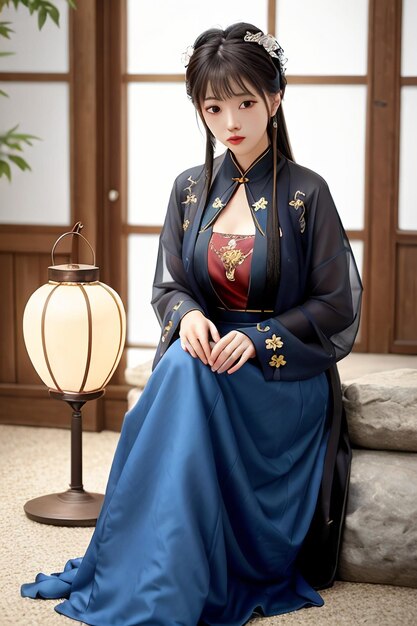 A woman in a blue dress with the name hanfu on the front