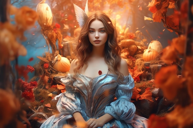 A woman in a blue dress with a red heart on her head sits in a garden of pumpkins.