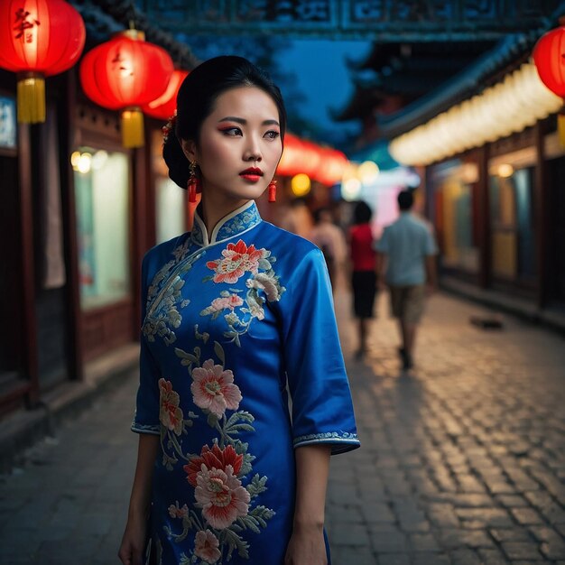 Foto una donna in un vestito blu con lanterne rosse in cima