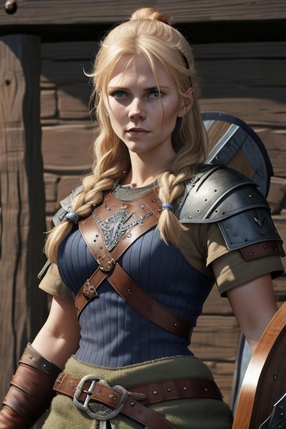 A woman in a blue dress with a shield on her head