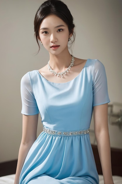 a woman in a blue dress with a silver chain on her neck