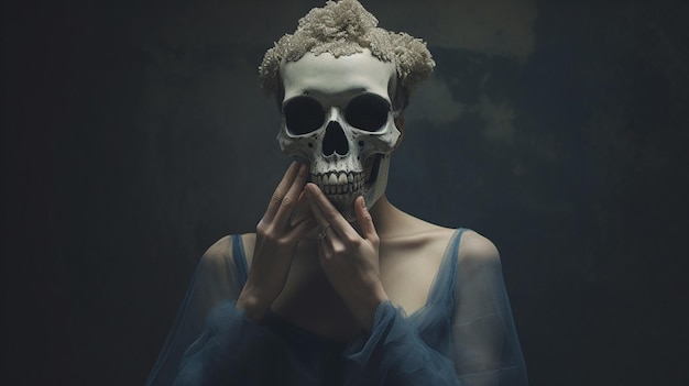 A woman in a blue dress with a skull mask on her