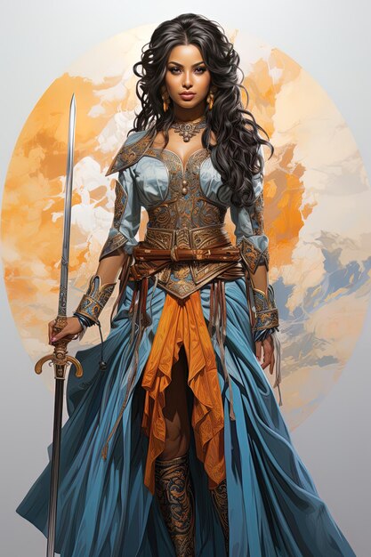 a woman in a blue dress with a sword in her hand