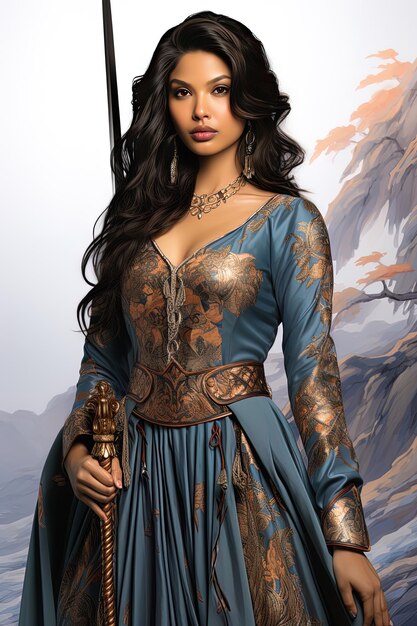 Photo a woman in a blue dress with a sword in her hand