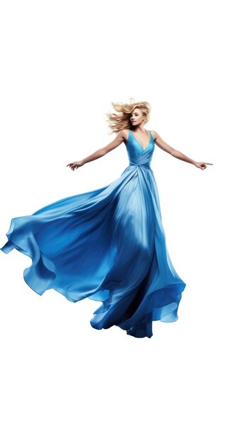 A woman in a blue dress with the words " she's a model " on the bottom.