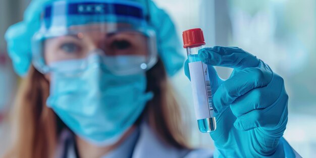 Photo a woman in a blue glove holds a test tube with a red cap