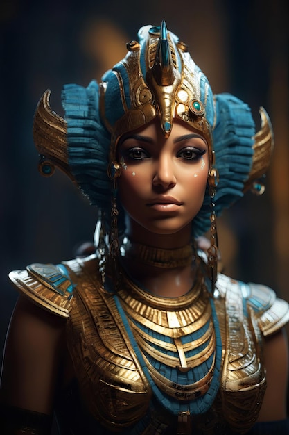 A woman in a blue and gold costume with a crown on her head