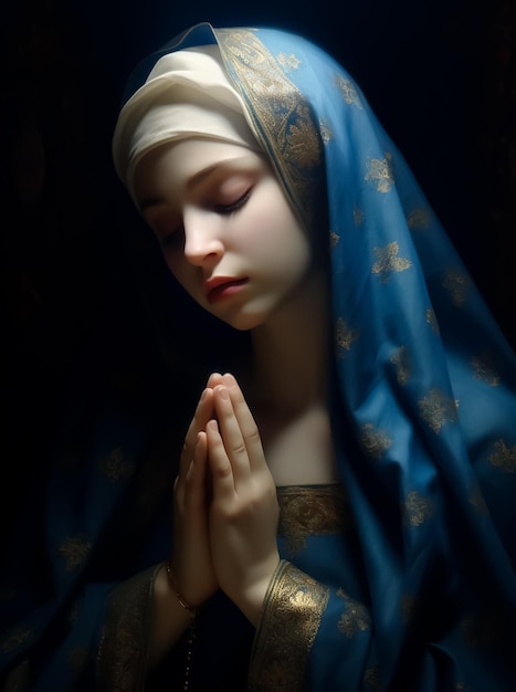 파란색과 금색 옷을 입은 여자가 어두운 방에서 기도하고 있다