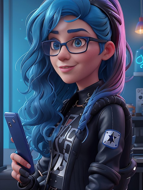 Woman blue hair framed glasses rockstar futuristic neon long wavy hair cellphone background