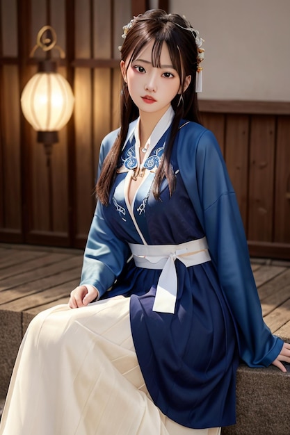 A woman in a blue hanfu costume sits on a wooden steps.