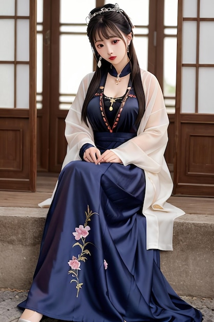 A woman in a blue hanfu dress sits on a step