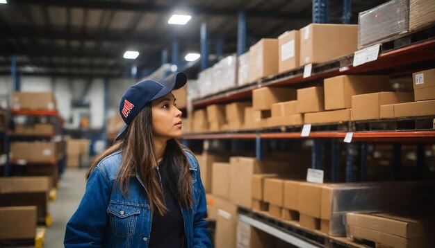 Photo a woman in a blue hat stands in a warehouse full of boxes