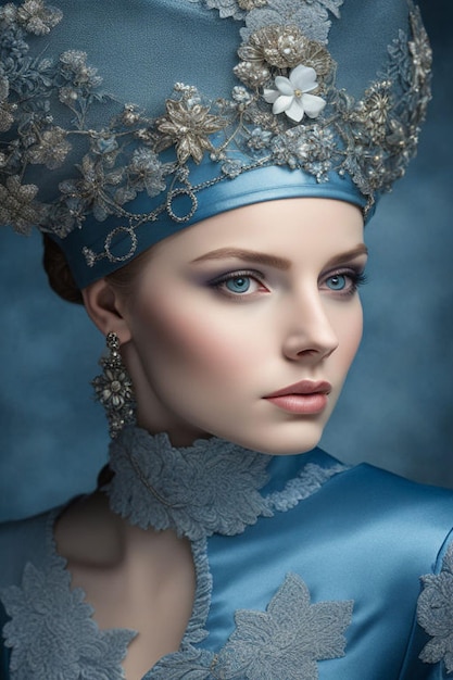 a woman in a blue hat with a silver feathered hat