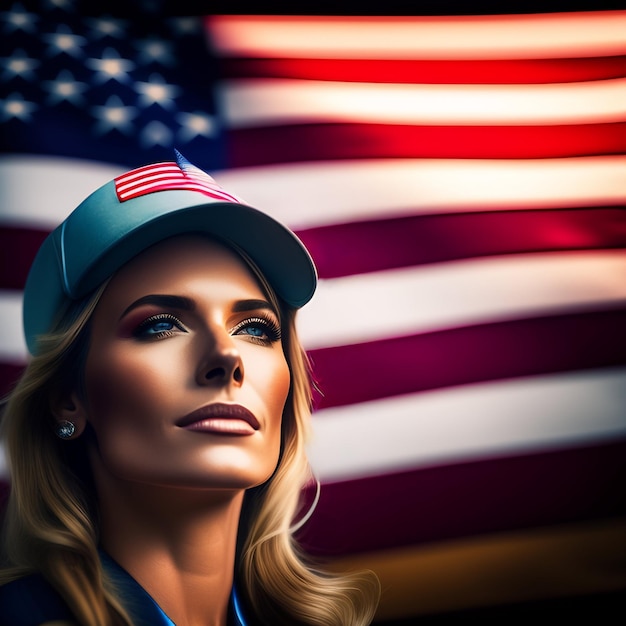 Женщина в синей шляпе со словом США.