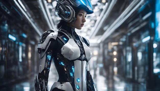 a woman in a blue helmet stands in a room with a robot on the left