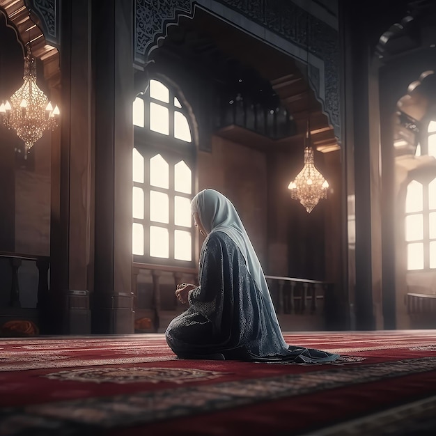 Женщина в синем хиджабе сидит перед большой мечетью с люстрами, свисающими с потолка.