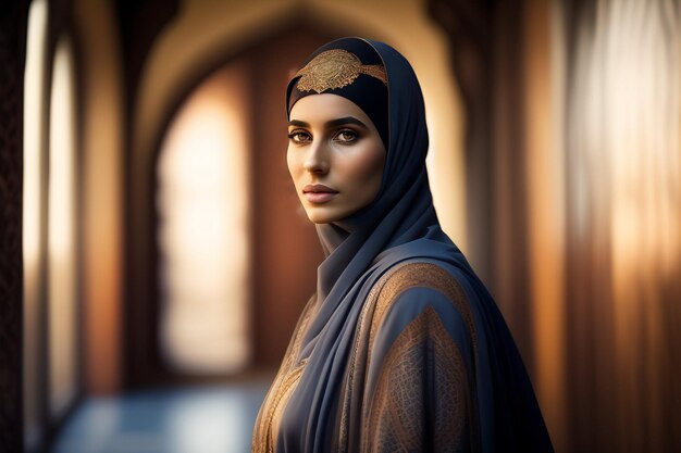 A woman in a blue hijab stands in a courtyard.