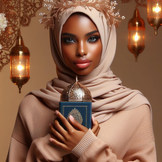 青いヒジャブを着た女性がモスクに立っています