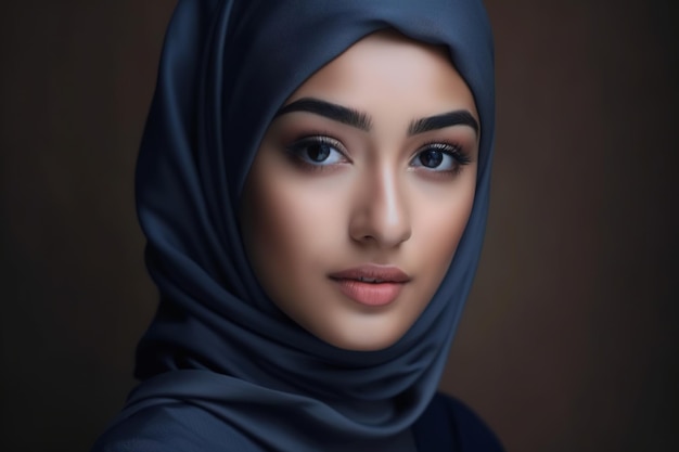 暗い背景を持つ青いヒジャブの女性