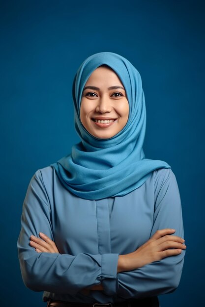 Photo a woman in a blue hijab with her arms crossed