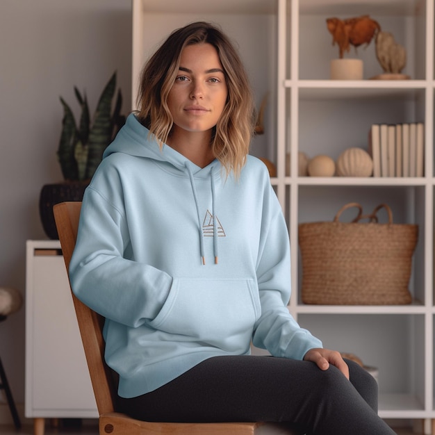 a woman in a blue hoodie sits in a chair.