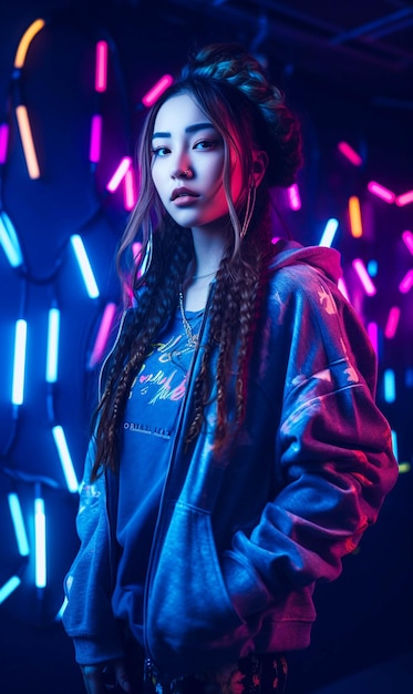 A woman in a blue hoodie stands in front of a neon wall with neon lights.