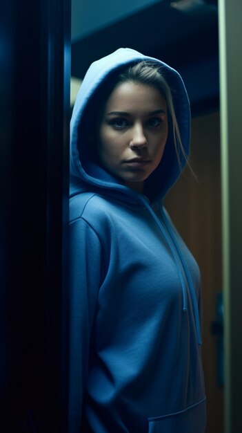 a woman in a blue hoodie with a hood on it