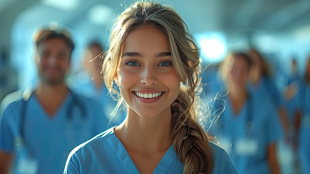a woman in blue is smiling with other people in the background