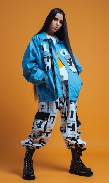 A woman in a blue jacket and black boots walks confidently