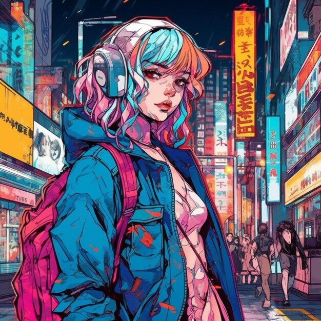 a woman in a blue jacket and headphones stands on a city street generative ai