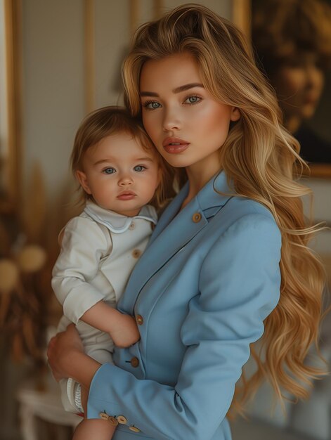 Photo woman blue jacket holding baby arms model long luxurious light blond hair gaunt cheeks face son time