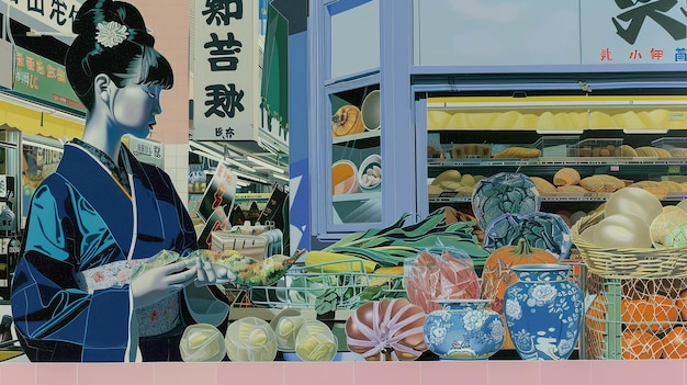 青いジャケットを着た女性が店で野菜を売っている