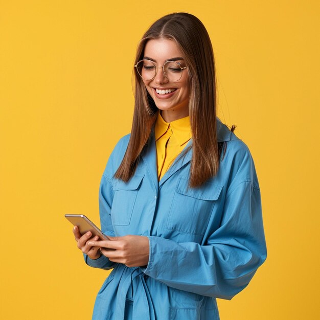 a woman in a blue jacket is texting on a phone