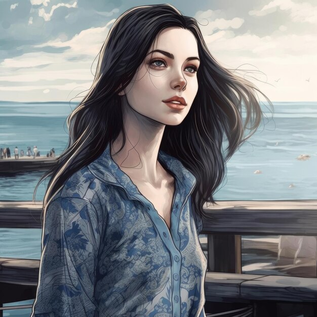 파란색 재킷을 입은 한 여성이 얼굴에 햇빛이 비치는 바위 해안에 앉아 있습니다.