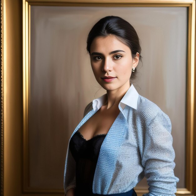 A woman in a blue jacket stands in front of a gold frame.