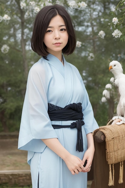 A woman in a blue kimono sits on a chair with a bird on the right side.
