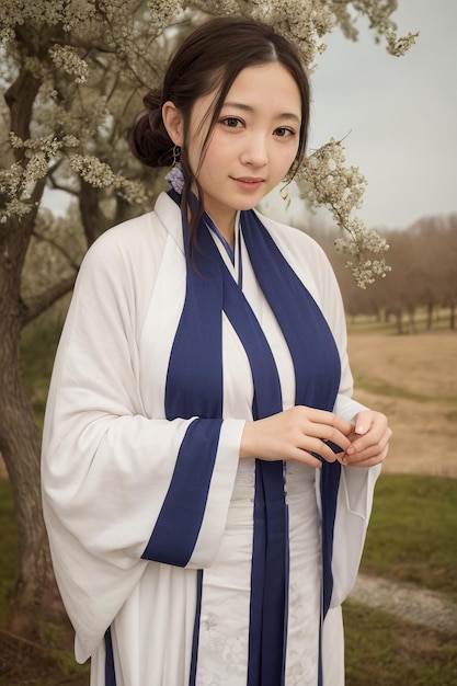 Foto una donna con un kimono blu si trova di fronte a un albero con dei fiori.