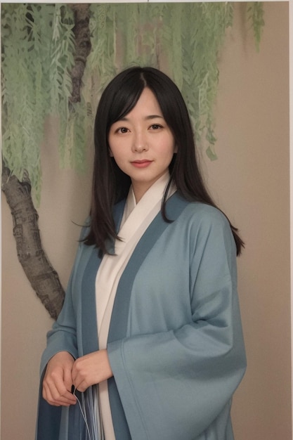 A woman in a blue kimono stands in front of a tree.