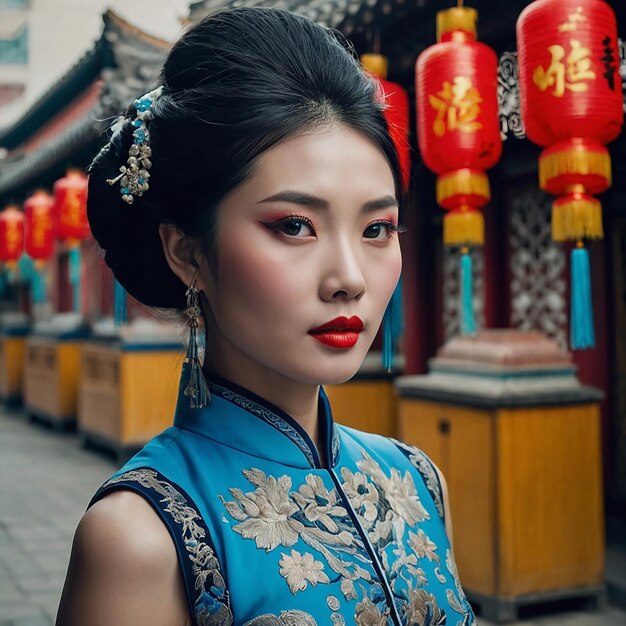 Photo a woman in a blue kimono stands in front of a wall with a blue door