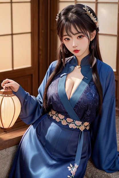 A woman in a blue kimono with a lantern on her chest