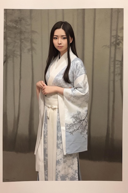 Photo a woman in a blue kimono with the word hanfu on it.