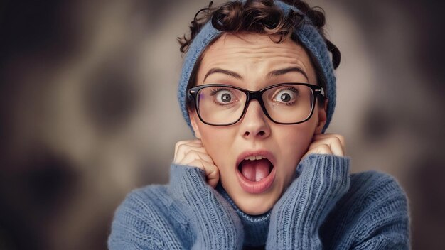 Woman in a blue knitted sweater and natural make up curly short hair glasses on her eyes shocked