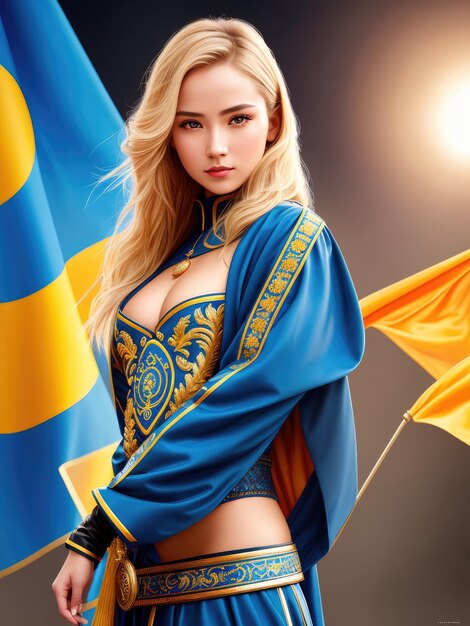 A woman in a blue outfit with a flag in the background