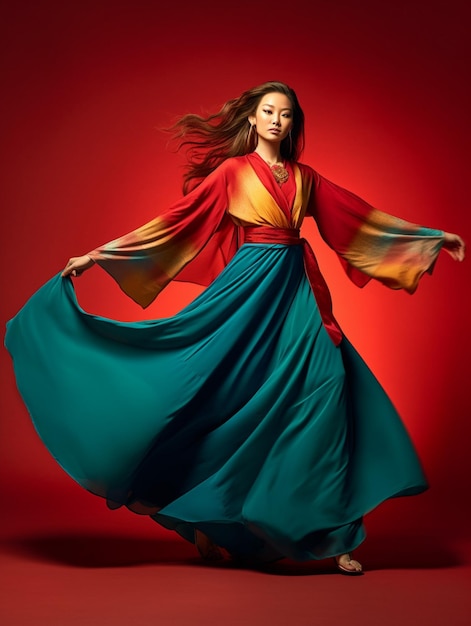 A woman in a blue and red dress is dancing on a red background.