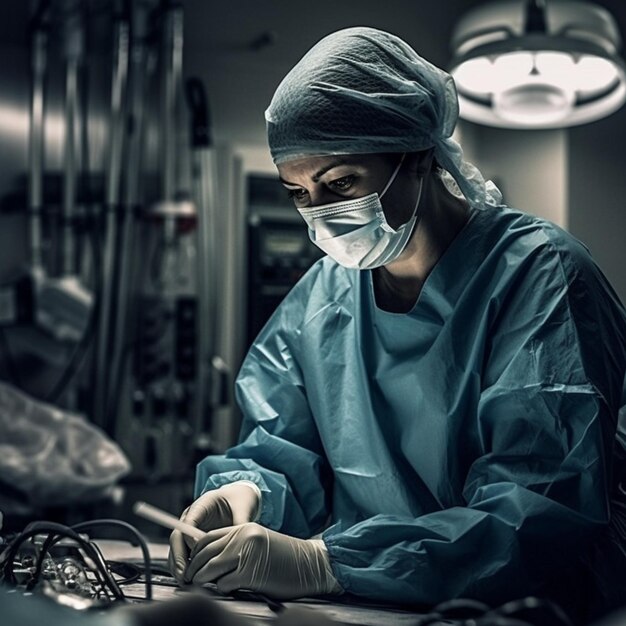 A woman in a blue robe is working on a surgery.