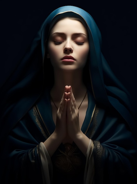 A woman in a blue robe prays in a dark room