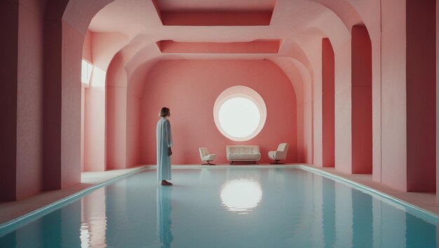 Photo a woman in a blue robe stands in a pink room with a round window and a waterlogged floor